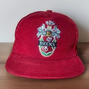 Vintage Beck's German Pilsner Red Corduroy Snapback Hat Cap 1980's Beer USA